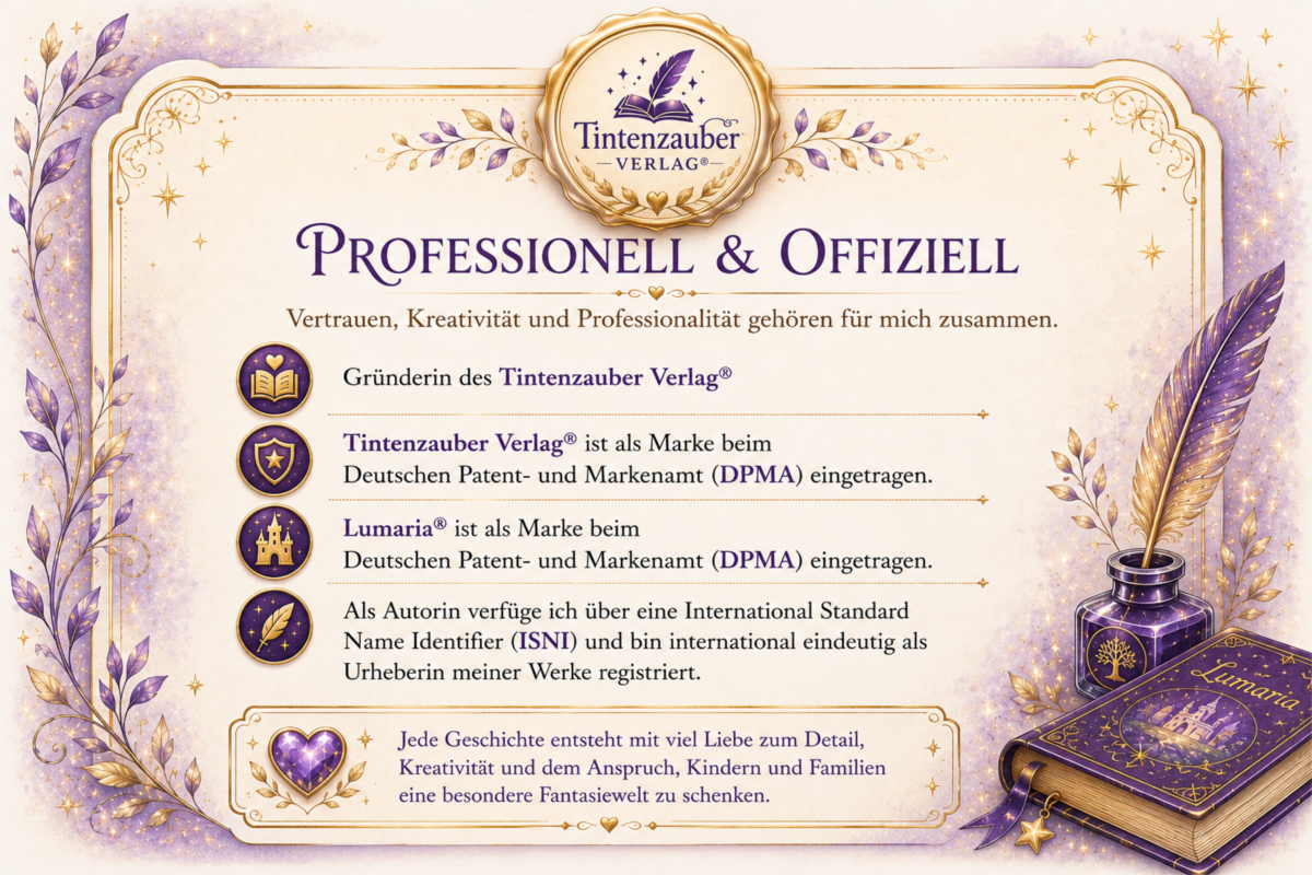 Professionell & Offiziell: Gründerin des Tintenzauber Verlags, Tintenzauber Verlag® und Lumaria® sind als Marken beim Deutschen Patent- und Markenamt eingetragen, als Autorin verfüge ich über eine International Standard Name Identifier (ISNI)