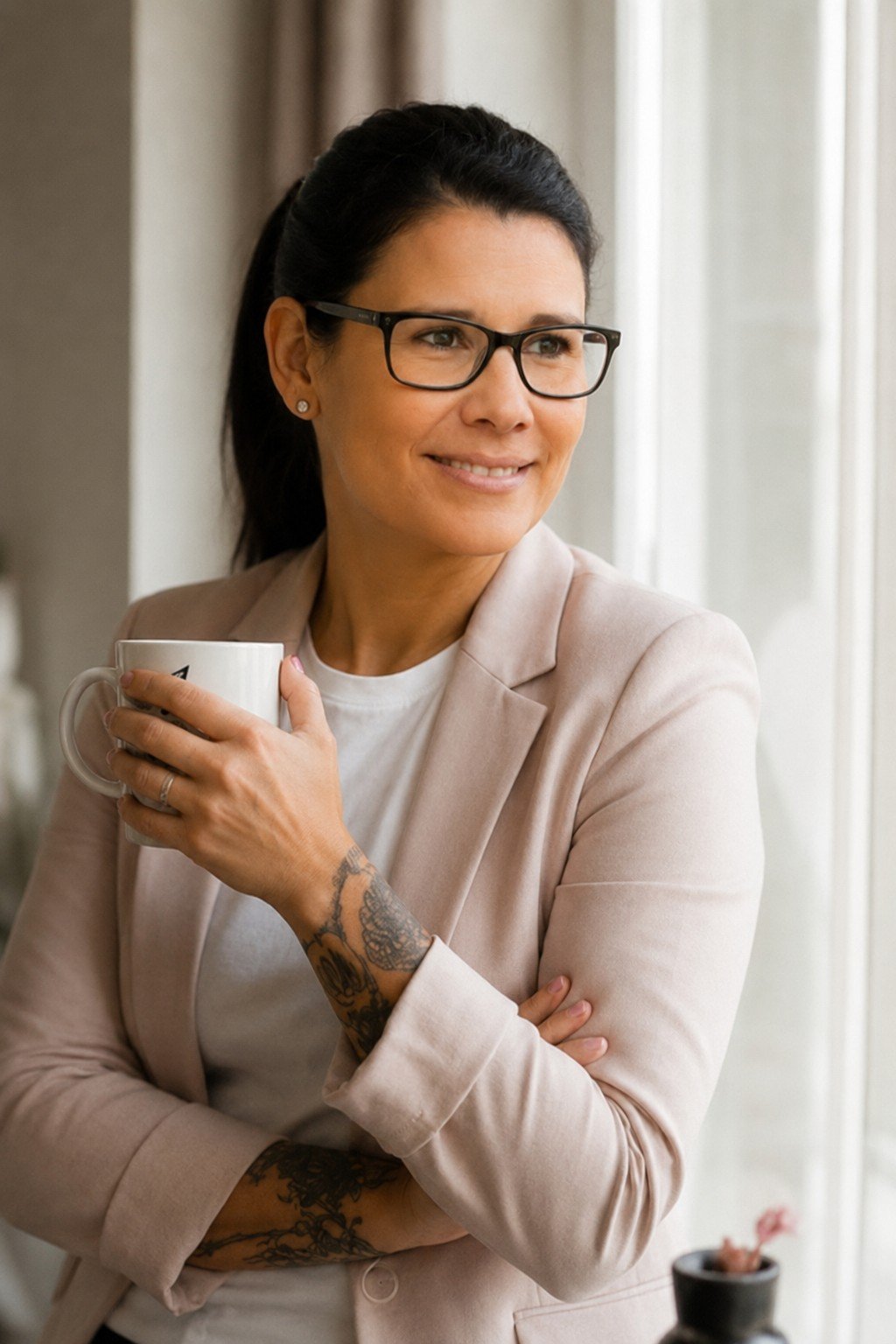 Martina Hombach, Gründerin des Tintenzauber Verlags, lächelt mit einer Tasse Kaffee am Fenster.