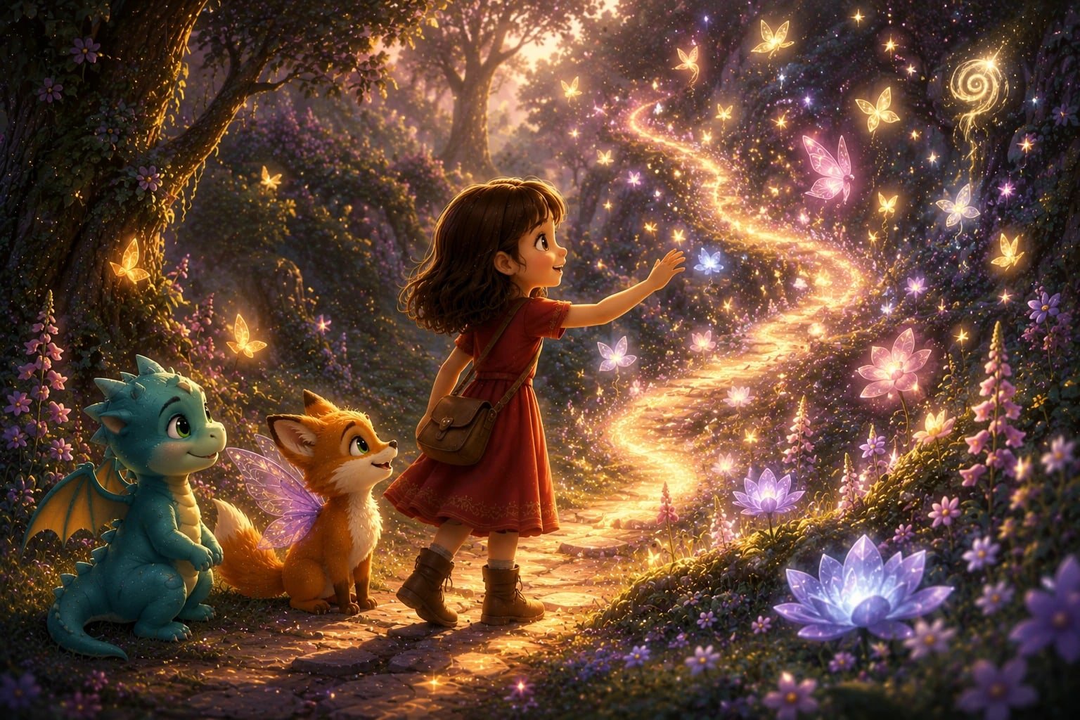 Emma streckt gemeinsam mit Loomus und Fina die Hand nach einem leuchtenden Weg im Wald von Lumaria aus