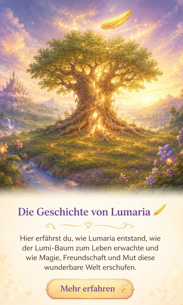 Die Geschichte von Lumaria: erfahre, wie Lumaria entstand, wie der Lumi-Baum zum Leben erwachte und wie Magie, Freundschaft und Mut diese wunderbare Welt erschufen.