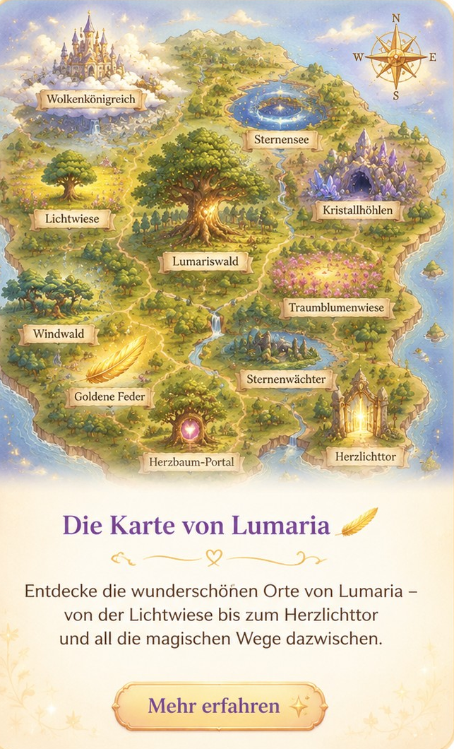 Die Karte von Lumaria: entdecke die wunderschönen Orte von Lumaria, von der Lichtwiese bis zum Herzlichttor und all die magischen Wege dazwischen.