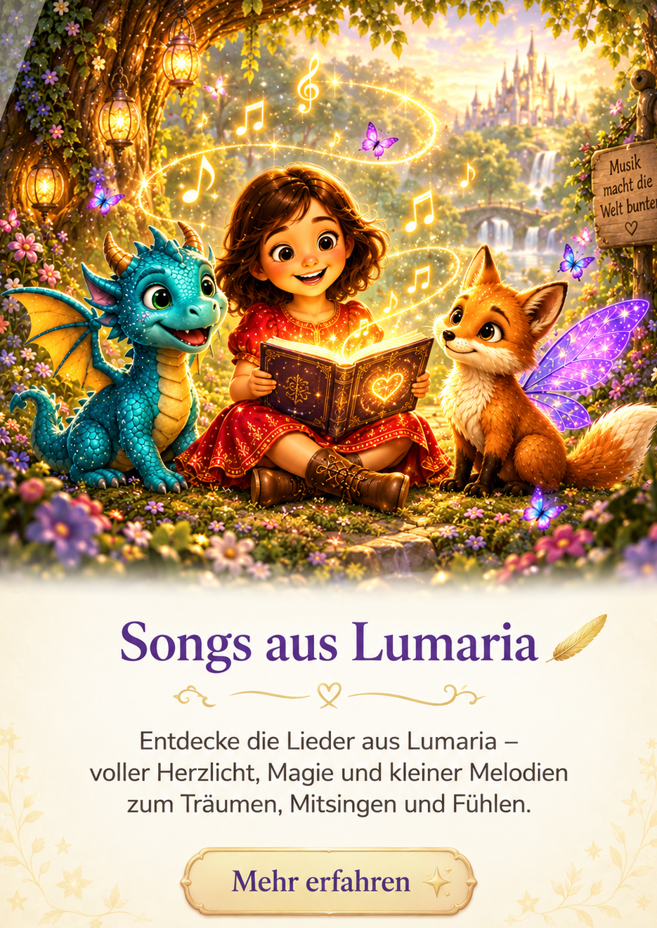Songs aus Lumaria: entdecke die Lieder aus Lumaria, voller Herzlicht, Magie und kleiner Melodien zum Träumen, Mitsingen und Fühlen.