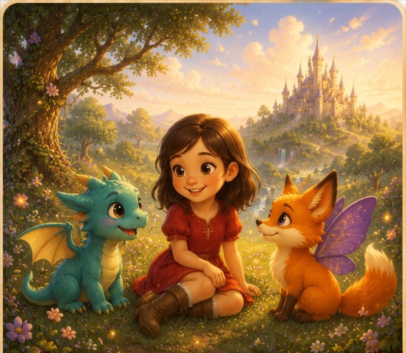 Emma, Loomus und Fina sitzen gemeinsam unter einem Baum auf einer Blumenwiese, im Hintergrund ein fernes Schloss.