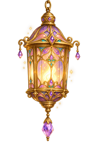 Eine gold-violette Zauberlaterne mit einem Kristall daran