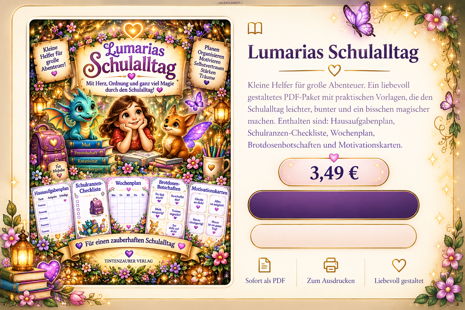 Lumarias Schulalltag. Kleine Helfer für große Abenteuer. Ein liebevoll gestaltetes PDF-Paket mit praktischen Vorlagen, die den Schulalltag leichter, bunter und ein bisschen magischer machen. Enthalten sind: Hausaufgabenplan, Schulranzen-Checkliste, Wochenplan, Brotdosenbotschaften und Motivationskarten. 3,49 €. Sofort als PDF, zum Ausdrucken, liebevoll gestaltet.