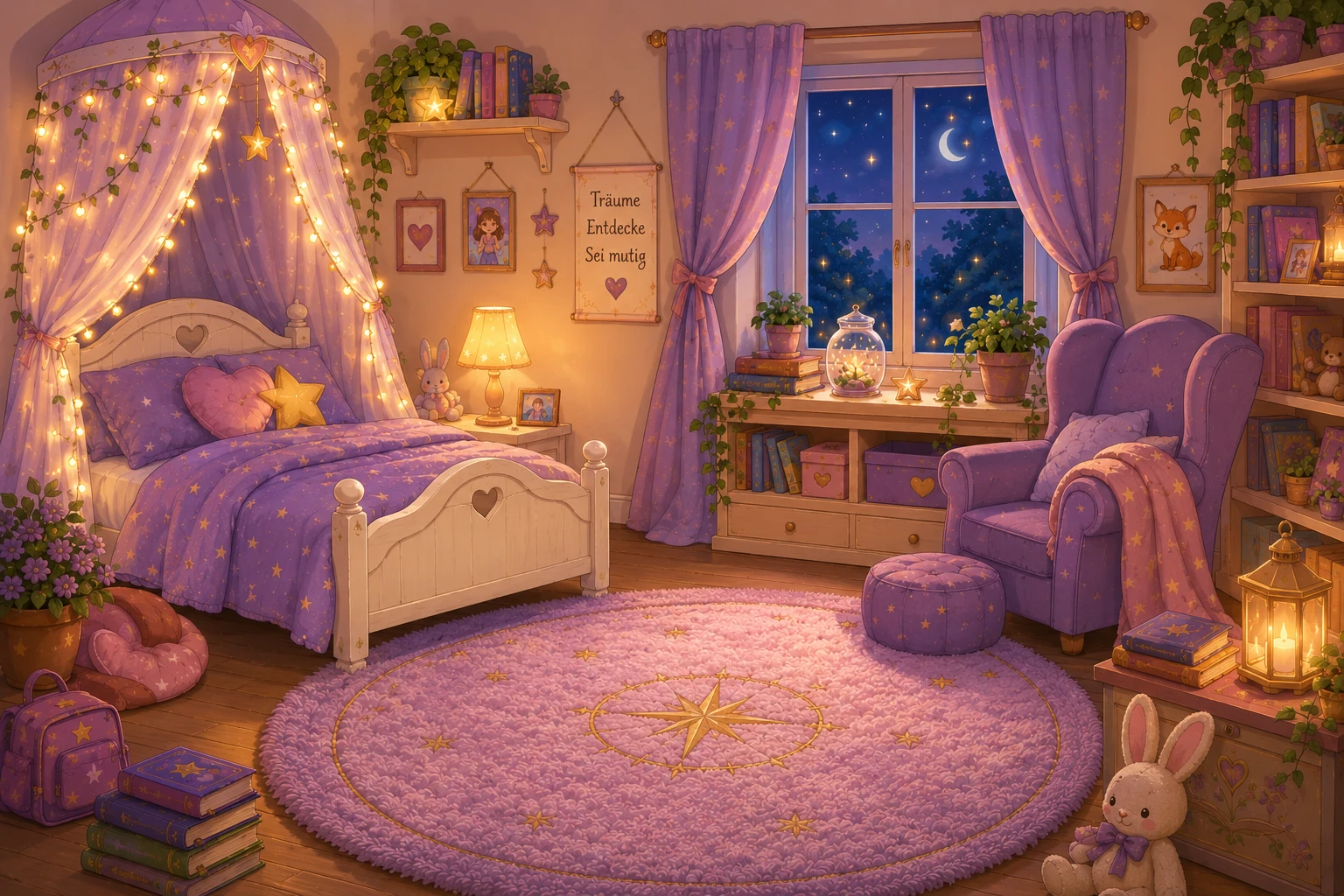 Emmas gemütliches Kinderzimmer mit Himmelbett und rundem Sternen-Teppich