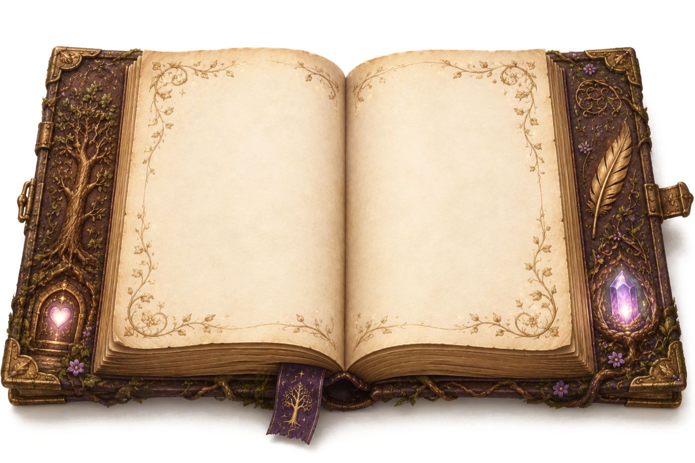 Ein aufgeschlagenes, altes Märchenbuch aus Lumaria mit goldenen Verzierungen, dem Lumi-Baum, einer goldenen Feder, dem Herzlichttor und einem Lumaris-Stein im Einband