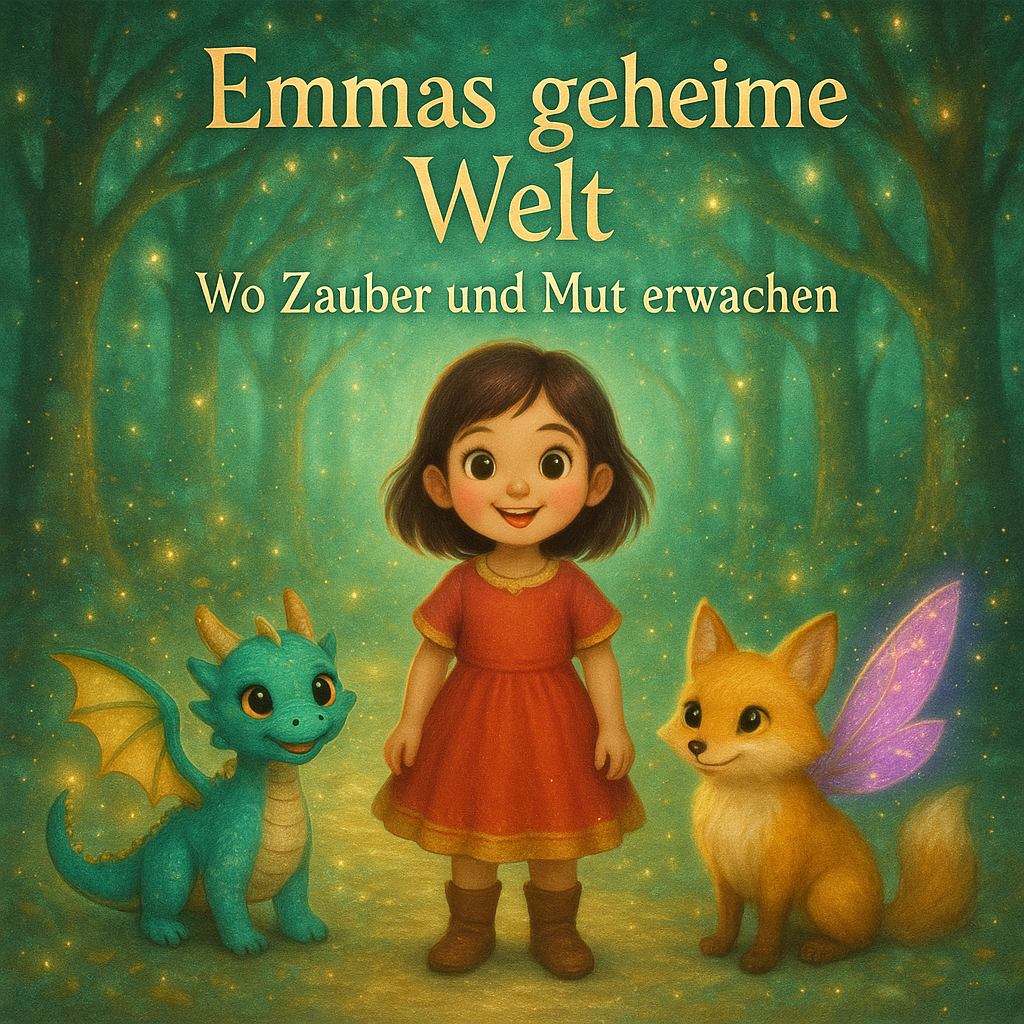 Titelbild: Emmas geheime Welt, Wo Zauber und Mut erwachen, Emma mit Loomus und Fina im Zauberwald