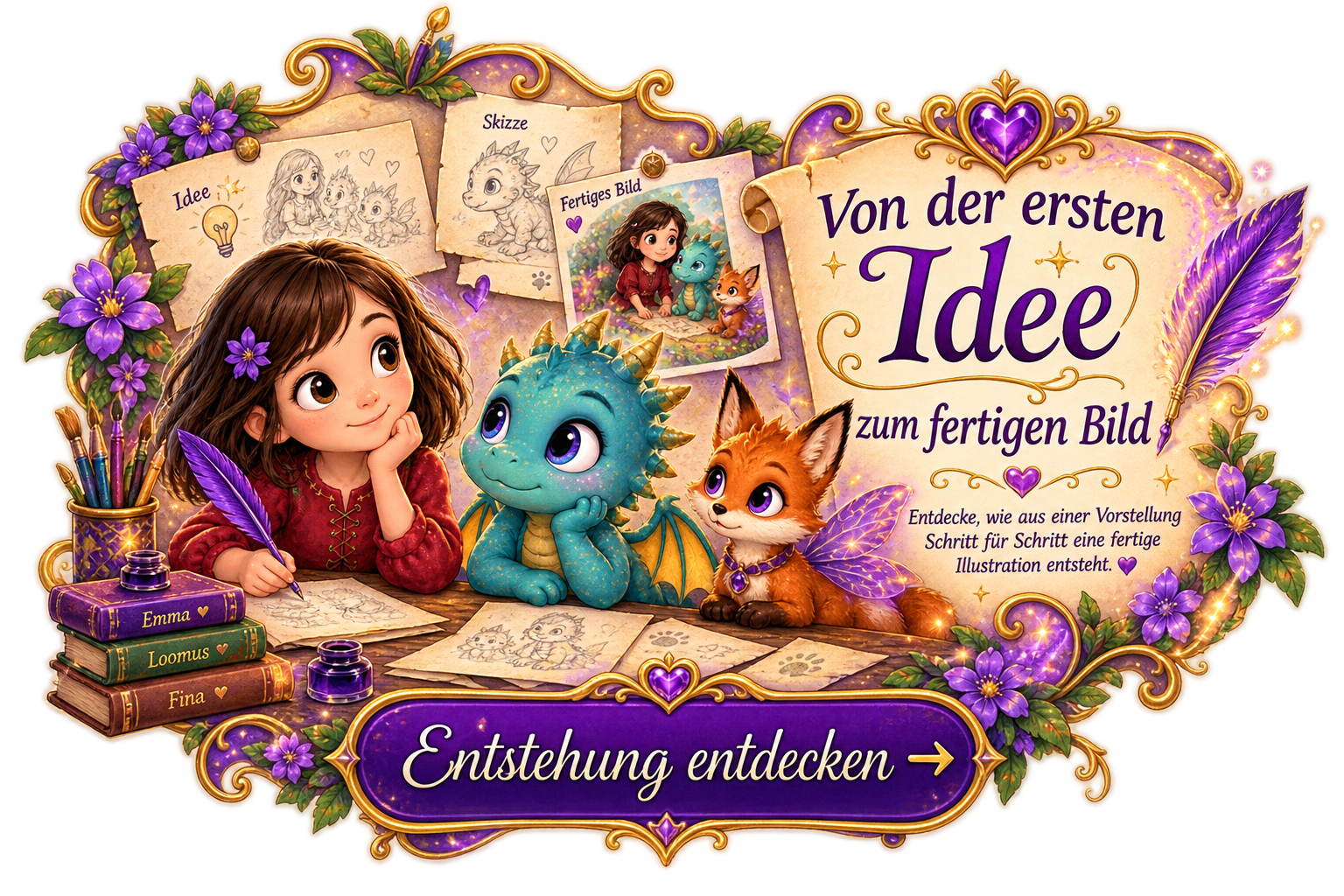 Von der ersten Idee zum fertigen Bild. Entdecke, wie aus einer Vorstellung Schritt für Schritt eine fertige Illustration entsteht.