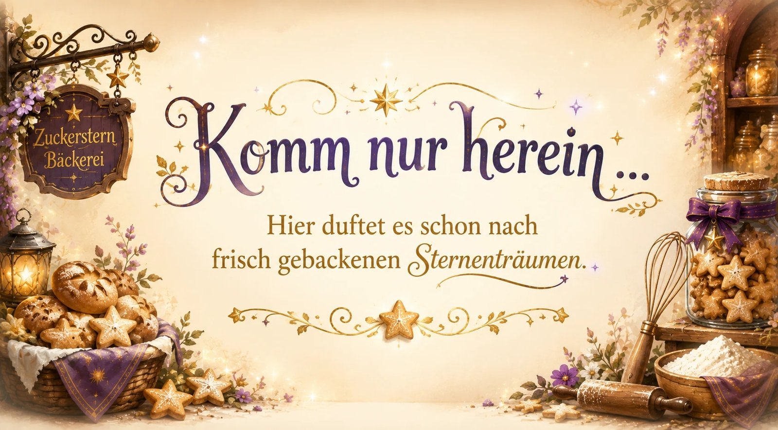 „Komm nur herein … Hier duftet es schon nach frisch gebackenen Sternenträumen.“ Schriftzug vor cremefarbenem Hintergrund, umrahmt vom Zuckerstern-Bäckerei-Ladenschild, frischem Sternenbrot, einem Glas Zauberkrümelkekse, Mehl, Schneebesen und Blütenranken.