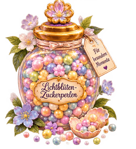 Glas Lichtblüten-Zuckerperlen, gefüllt mit schimmernden bunten Zuckerperlen, umrahmt von Blüten, beschriftet mit „Lichtblüten-Zuckerperlen“.