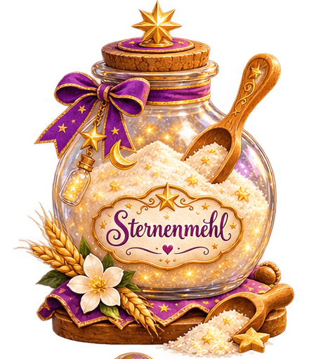 Glas Sternenmehl, verziert mit goldener Kordel, violetter Sternenschleife und Holzschaufel, beschriftet mit „Sternenmehl“.