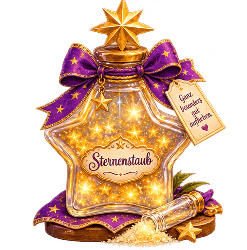 Sternenförmiges Glas Sternenstaub mit goldglitzerndem Inhalt, verziert mit violetter Sternenschleife, beschriftet mit „Sternenstaub“.