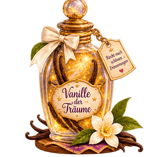 Glas Vanille der Träume mit goldglitzerndem Inhalt und echten Vanilleschoten, verziert mit cremefarbener Schleife, beschriftet mit „Vanille der Träume“.