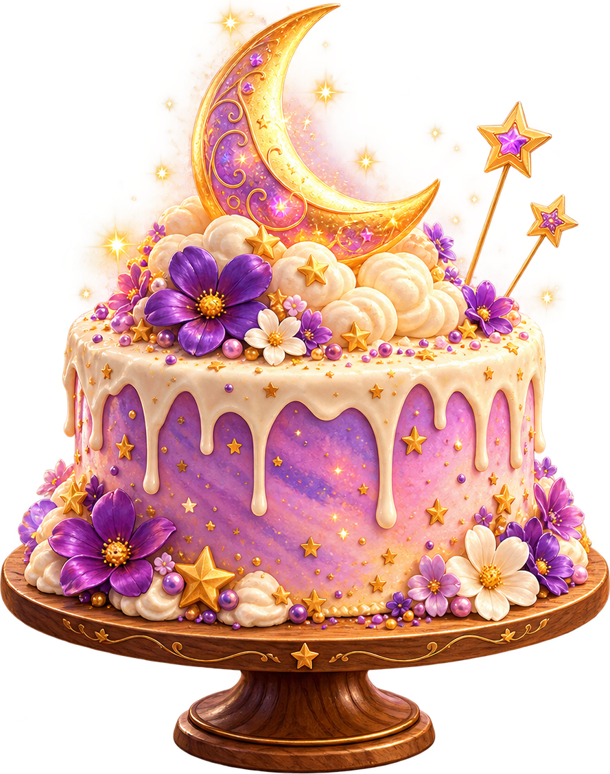 Meister Zimtsterns besondere Kreation: eine rosa-violette Torte mit goldenem Zuckerguss, Blüten und einem funkelnden goldenen Mondornament obenauf