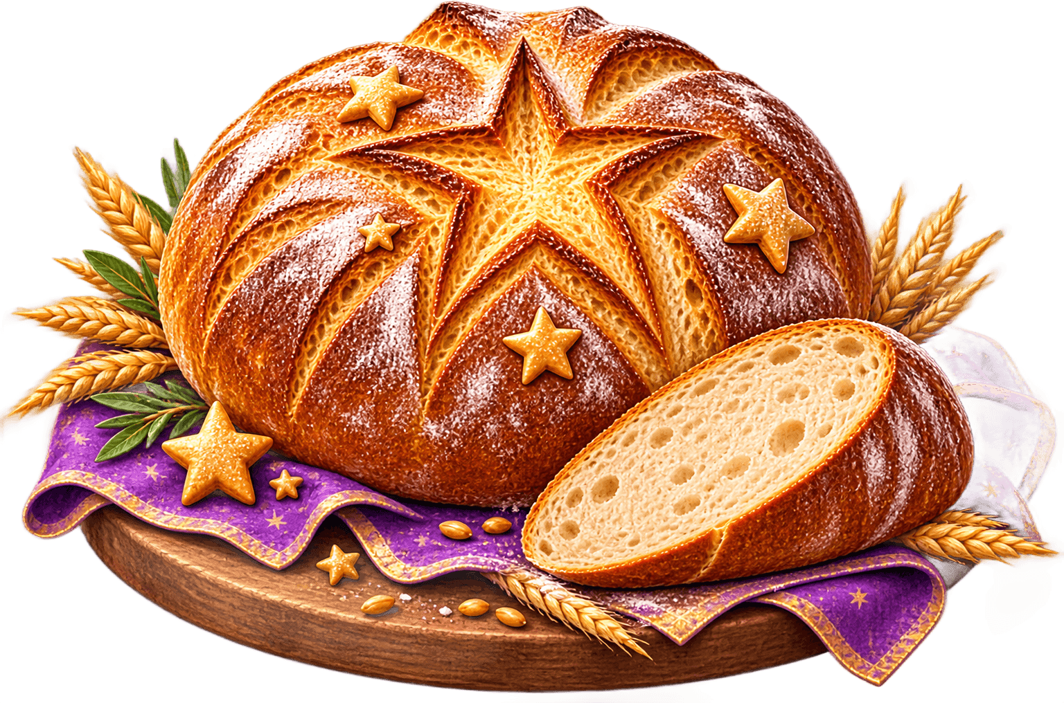 Sternenbrot: ein rustikaler Brotlaib mit eingeschnittenem Sternmuster und goldenen Zuckersternen, daneben eine angeschnittene Scheibe auf einem violetten Tuch