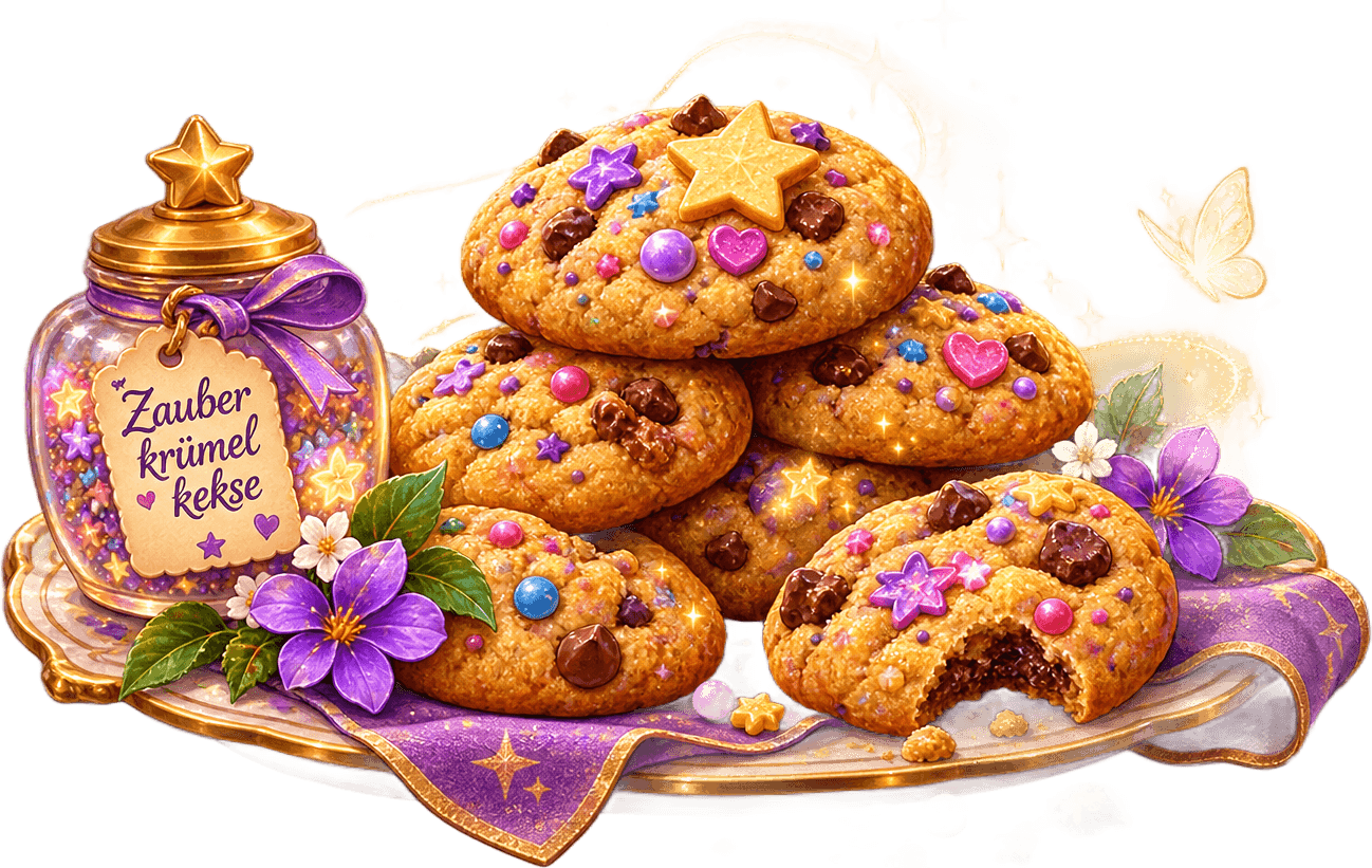 Zauberkrümelkekse: ein Teller knuspriger Kekse mit bunten Zuckerperlen, Schokostückchen und einem goldenen Zuckerstern, daneben ein Glas mit der Aufschrift „Zauberkrümel kekse“