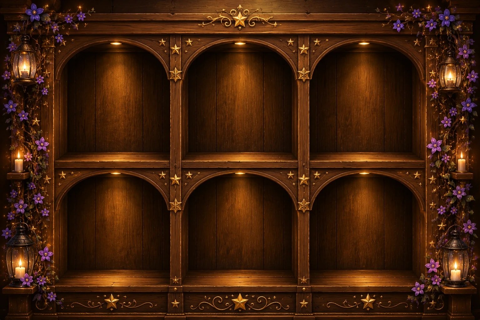 Leeres sechsteiliges Holzregal mit goldenen Sternverzierungen, violetten Blüten und warmen Laternen in Meister Zimtsterns Backstube